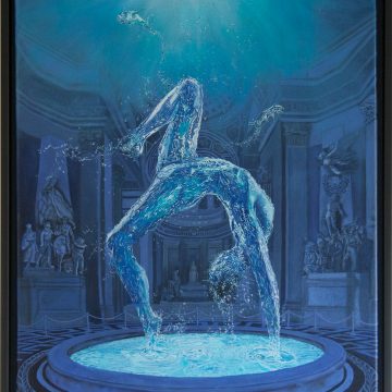 Schilderij Blauwe Vrouw, een vrouw van water in een klassieke tempel