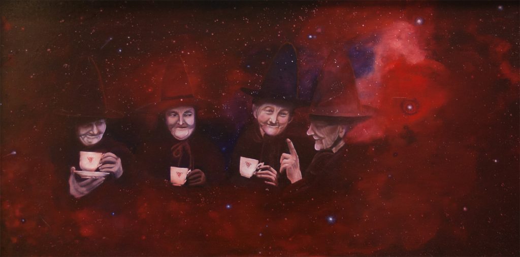 Schilderij Magisch Onderonsje, vier kosmische heksen met thee